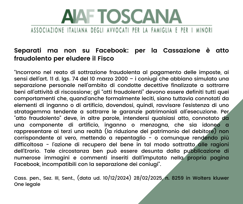 Rassegna giurisprudenziale: Separati ma non su Facebook: per la Cassazione è atto fraudolento per eludere il Fisco